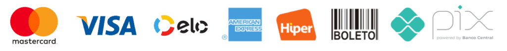 Mastercard, Visa, Elo, American Express, Hiper, boleto e Pix