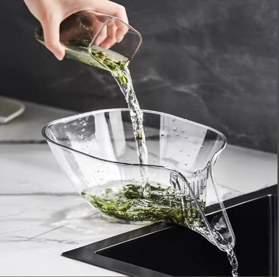 Tigela Filtrante Transparente - Separação Seco/Úmido, Portátil para Limpeza de Frutas