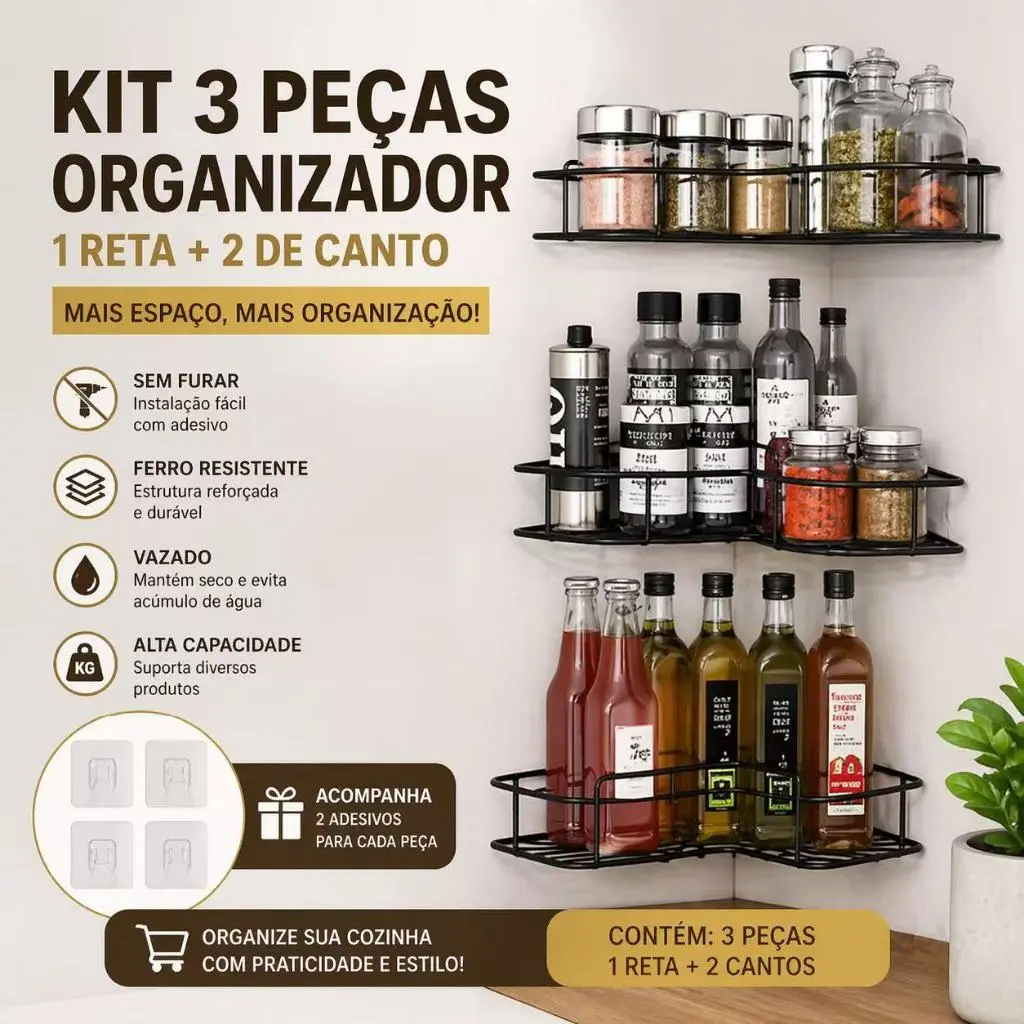 Prateleira de Canto Sem Furo Metal Preto Organizador Banheiro Cozinha Parede Adesiva
