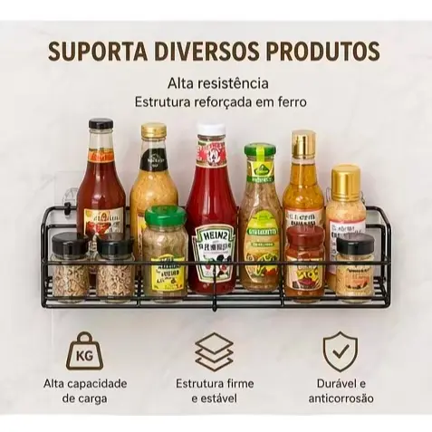 Prateleira de Canto Sem Furo Metal Preto Organizador Banheiro Cozinha Parede Adesiva