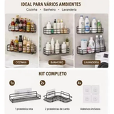 Prateleira de Canto Sem Furo Metal Preto Organizador Banheiro Cozinha Parede Adesiva