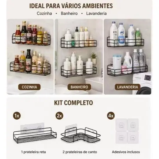 Prateleira de Canto Sem Furo Metal Preto Organizador Banheiro Cozinha Parede Adesiva