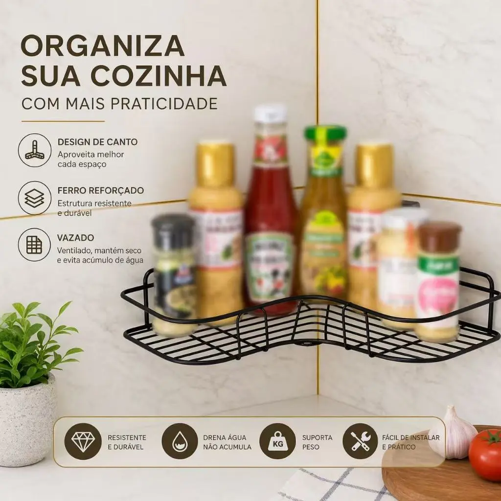 Prateleira de Canto Sem Furo Metal Preto Organizador Banheiro Cozinha Parede Adesiva