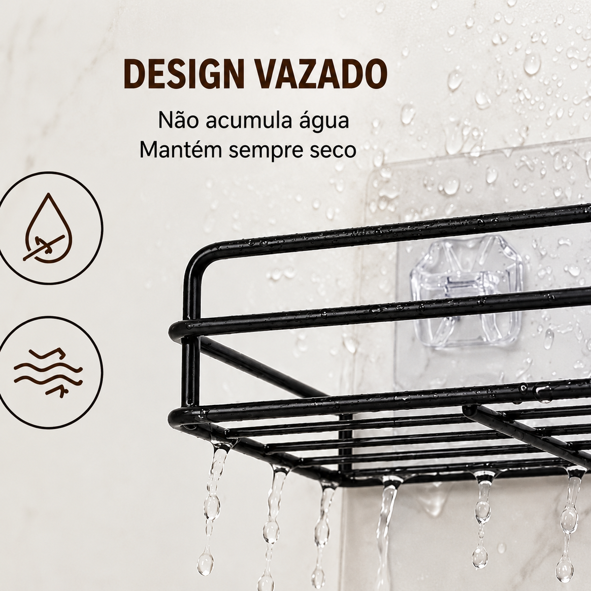 Prateleira de Canto Sem Furo Metal Preto Organizador Banheiro Cozinha Parede Adesiva