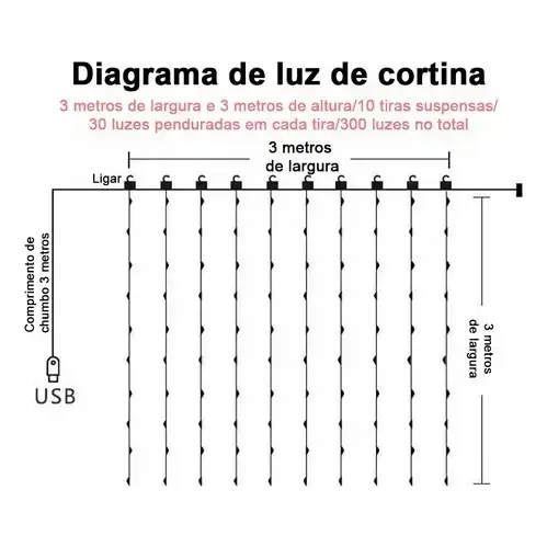 Cortina Led 3x3 Metros 300 LEDs Festa Casamento Eventos Natal Iluminação