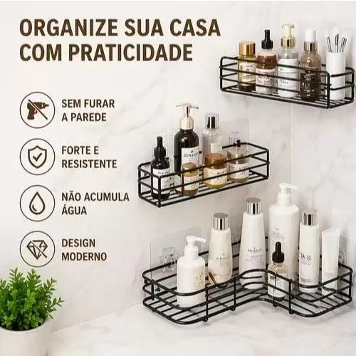 Prateleira de Canto Sem Furo Metal Preto Organizador Banheiro Cozinha Parede Adesiva
